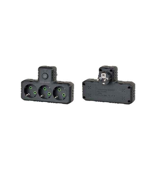 Розетка трійникТ-подібний із заземленням F301-Black, 3 розетки, 2500W, 10A, 110-250V~Max, Blister