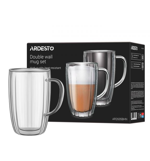 Набір чашок з ручками і подвійними стінками Ardesto 350мл, 2шт, боросилікатне скло, прозорий