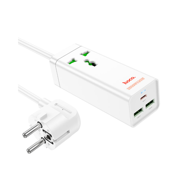 Мережевий фільтр HOCO AC9A на 1 розетку + 2 USB+USB-C, 30W, 220В, кабель 1,5м, White, Box