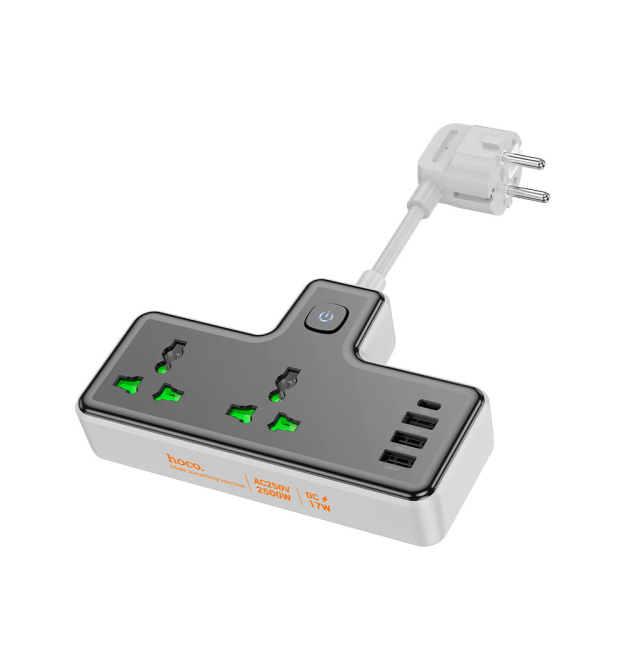 Мережевий фільтр HOCO AC11A на 2 розетки + 3 USB + USB-C, 17W, кабель 1,5 м, 220В, Black, Box