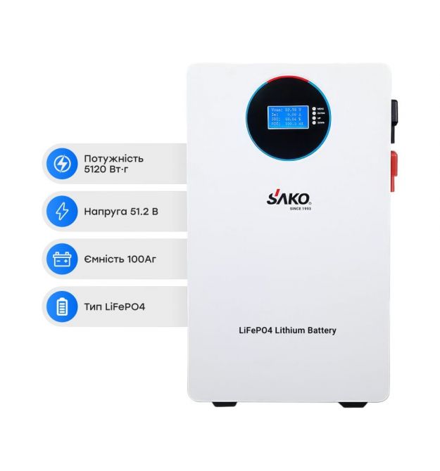 Акумуляторна батарея літій-залізо-фосфатна 100Аг 51.2В 5120Втг Sako SK-51.2V100Ah Li-Sun series LiFePo4 настінний монтаж