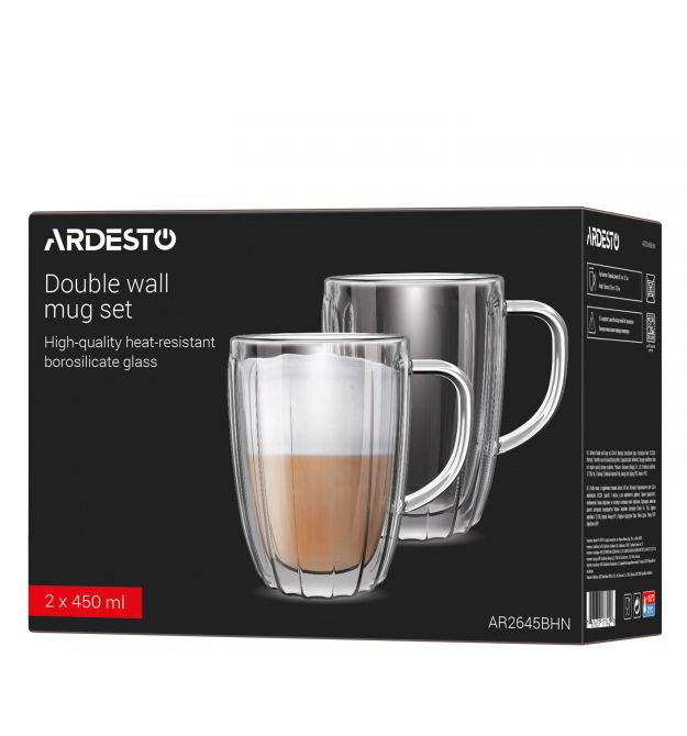 Набір чашок з ручками і подвійними стінками Ardesto 450мл, 2шт, боросилікатне скло, прозорий