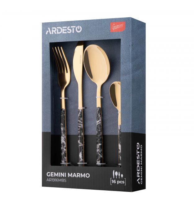Набор столовых приборов Ardesto Gemini Marmo, 16 приборов, нержавеющая сталь, пластик, золотисто-черный