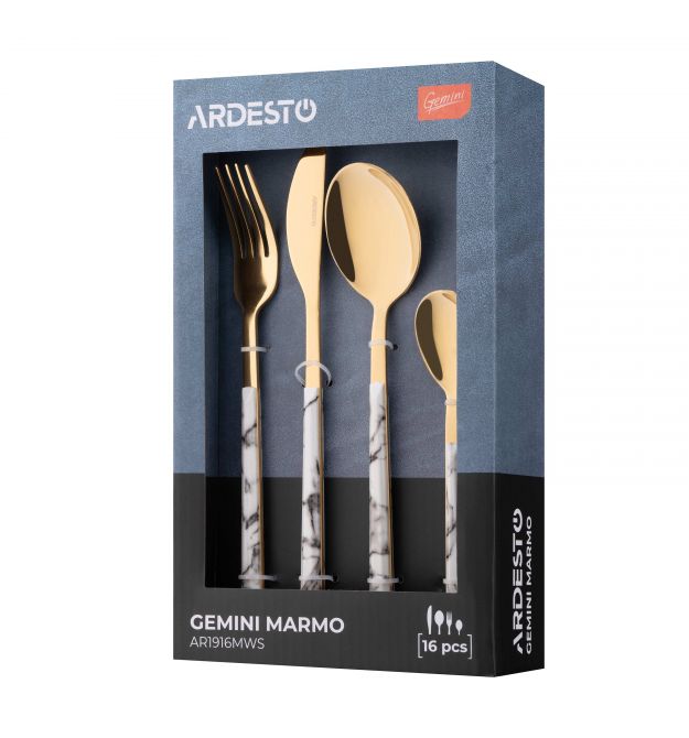 Набір столових приборів Ardesto Gemini Marmo, 16 приборів, нержавіюча сталь, пластик, золотисто-білий