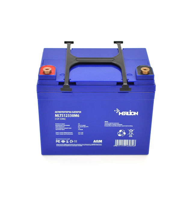 Акумуляторна батарея MERLION EURO AGM MLTS12330M6 12 V 33 Ah (195 x 130 x 155 (165)), 11.8 kg Blue ( on the left), Q1