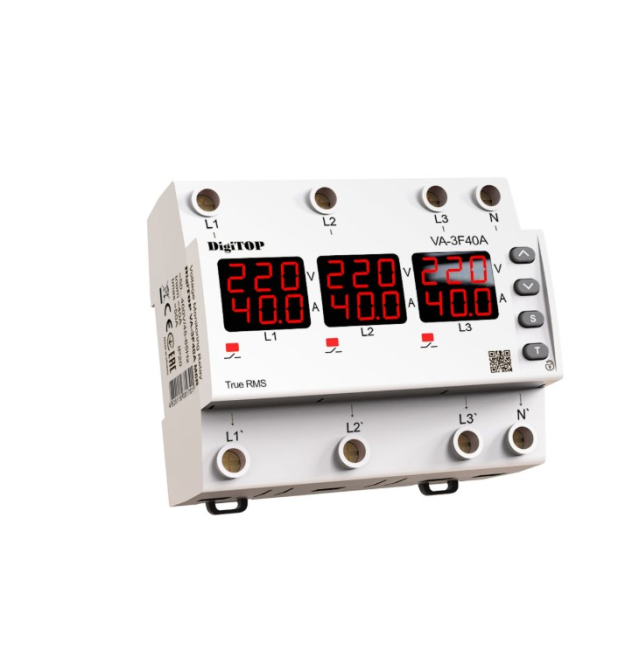 Реле напруги та струму дворежимне одно - трифазне VA-3F40A M6R на DIN-рейку, 3*40А, 3*8500Вт, 120-270В, шестимодульне з індикато