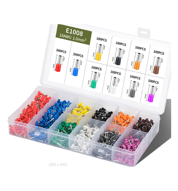 Набір клем - наконечників 1200шт E1008 (R-200, B-200, Y-100, Bl-100, O-100, Br-100, G-100, W-100, Gr-100, V-100) в боксі