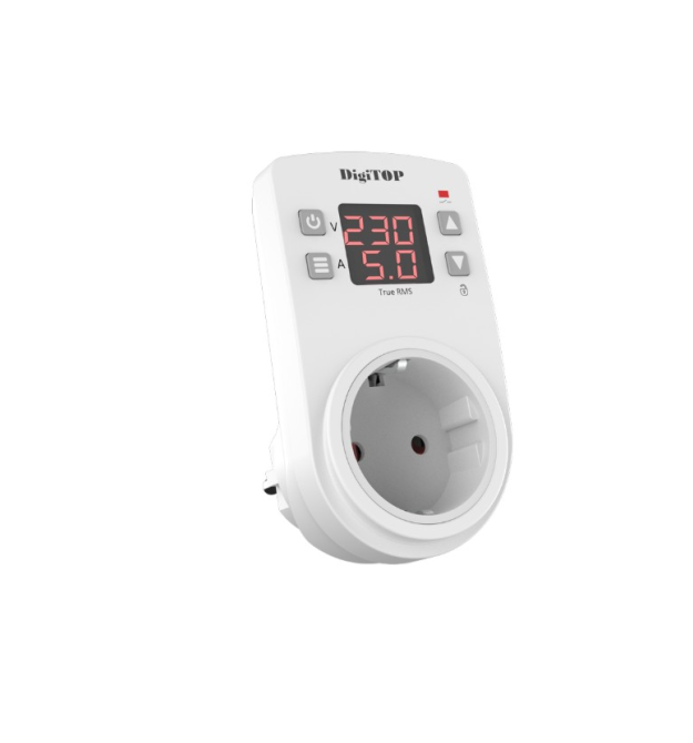 Побутове захисне реле по напрузі та струму VA-16AR в розетку, однофазне, 16А, 3500Вт, 120-270В, з індикатором напруги - струму