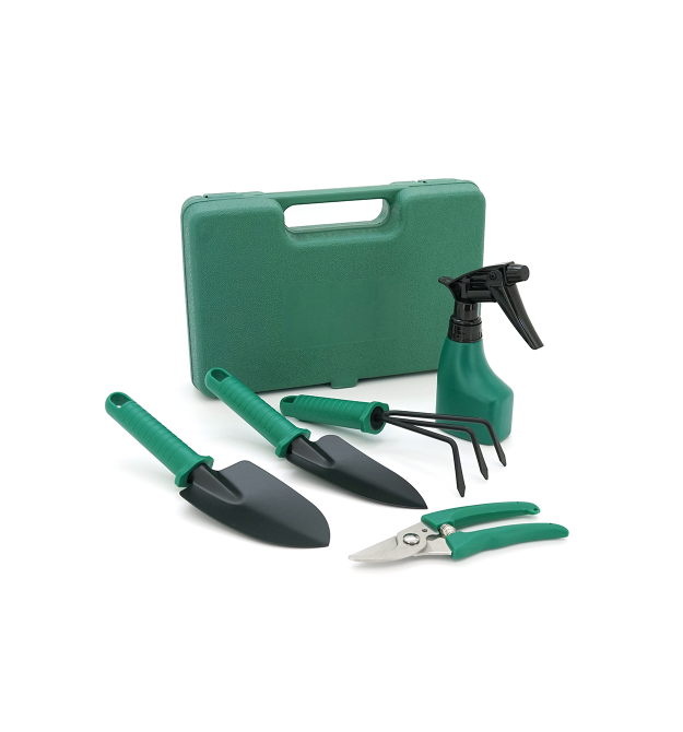 Набір садових інструментів YT-857, 2 лопатки+секатор+граблі+міні обприскувач, Кейс