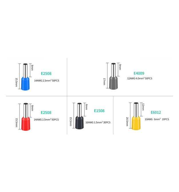 Набір клем - наконечників 200шт(E4009gr-50,E2508r+b-50 - 2,E1508bl-30,E6012y-20)у боксі