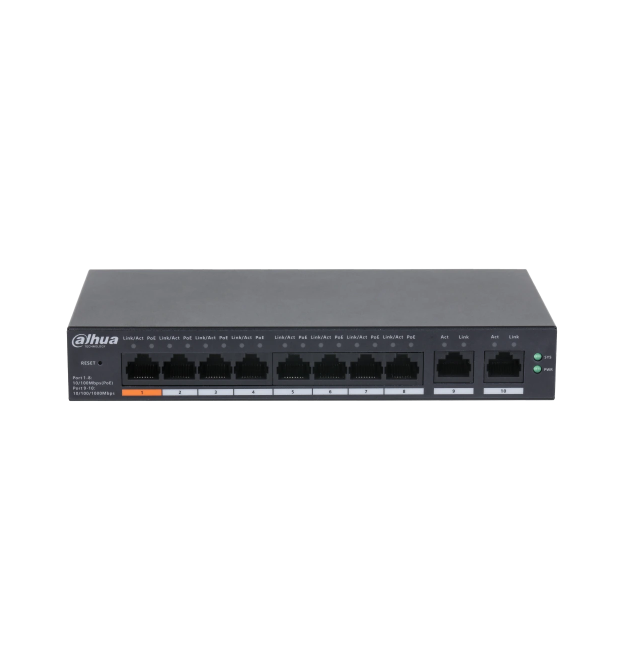8-портовий керований PoE комутатор DH-CS4010-8ET-60 з 8 портами POE 100Мбіт + 2 порти UP-Link 1000Мбіт, 60Вт, 130&amptimes90&amp