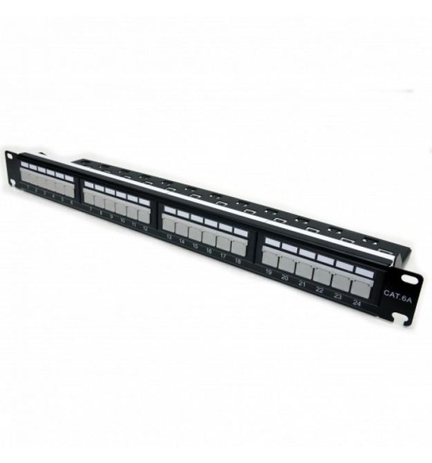 Патч-панель CMS 19" 24xRJ-45 UTP, кат. 6a з організатором кабелю і пластиковими шторками