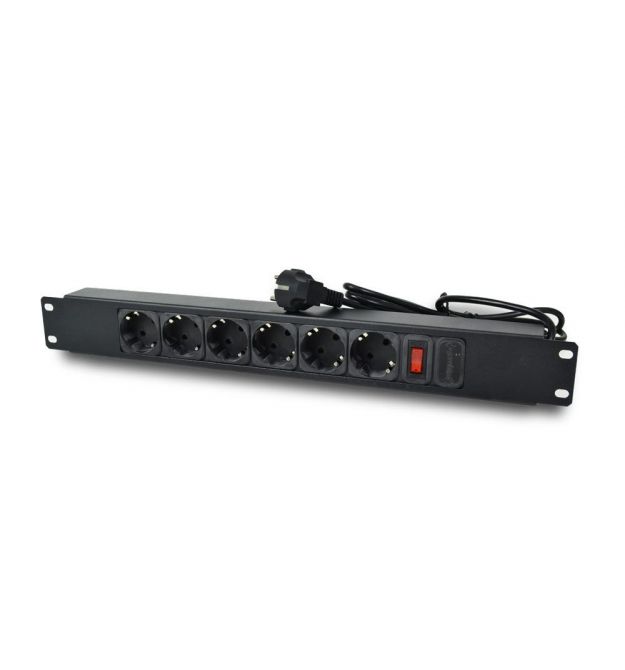 Блок розеток 1U 19" на 6 розеток з вимикачем, PDU 220В, 10А, 1,5м, Schuko (SN 1U-24-9005)
