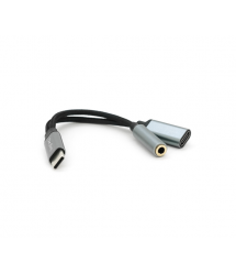 Перехідник VEGGIEG TC-208 Type-C(M) - Jack 3.5mm(F)+Type-C(F), 5см, Silver - Black, Пакет