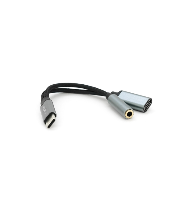 Перехідник VEGGIEG TC-208 Type-C(M) - Jack 3.5mm(F)+Type-C(F), 5см, Silver - Black, Пакет