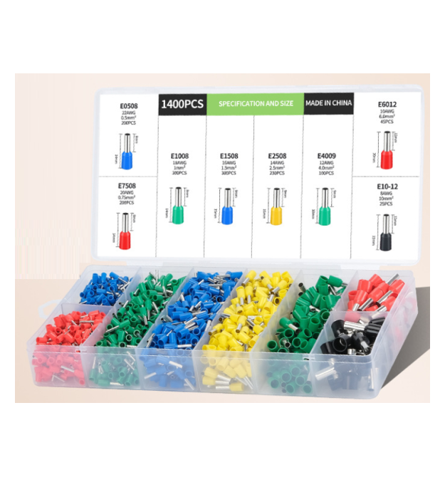 Набір клем - наконечників 1400шт(E0508b-200 E2508y-230,E1008g-300,E1508b-300,E4009g-100,E7508r-200,E6012r-45,E1012bl-25)у боксі
