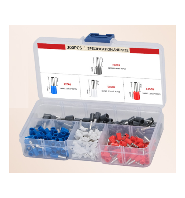 Набір клем - наконечників 200шт(E2508gr-50,E0508b-50,E1508-50.E4009bl-50)у боксі