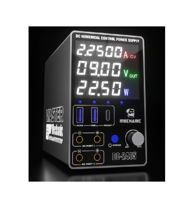 Блок живлення з цифровою індикацією MECHANIC DC-2405, 24V 5A, регульований, 3-режими, PD3.1, QC-3 .USB-A. 2*DC-Port*0-24V, 220V