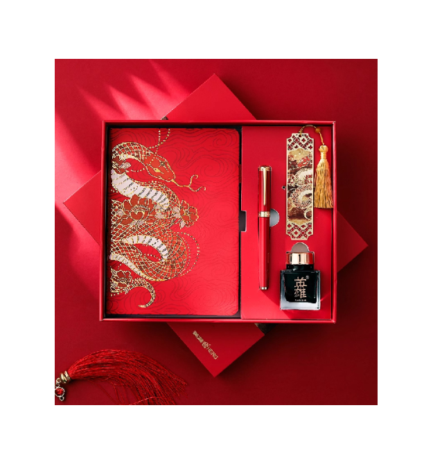 Подарунковий набір HERO Snake ручка перова чорнильна (іридієве перо), блокнот, закладка, чорнильниця, подарункова коробка, черво