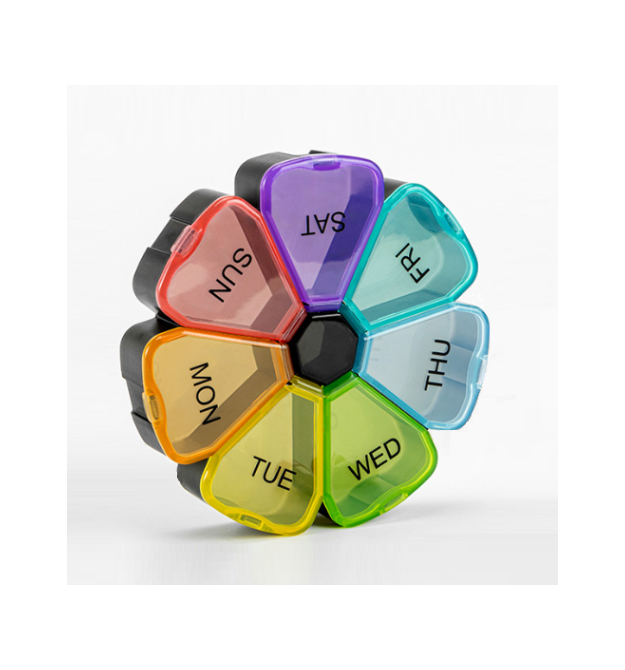Таблетниця на 14 знімних осередків (різних кольорів), розділені день тижня - час доби, пластик, 19.3*7.4*3.6см, комірки 6.8*3.1*
