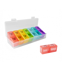 Таблетниця на 7 - 14 знімних осередків (різних кольорів), розділені день тижня - час доби, пластик, 19.3*7.4*3.6см, комірки 6.8*