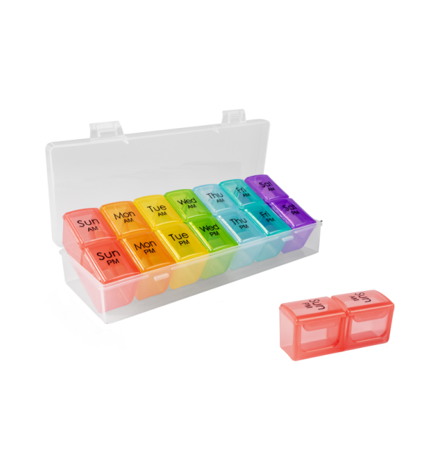 Таблетниця на 7 - 14 знімних осередків (різних кольорів), розділені день тижня - час доби, пластик, 19.3*7.4*3.6см, комірки 6.8*