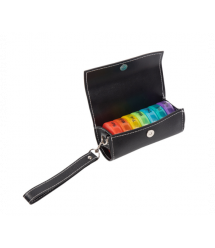 Таблетниця переносна на 7 - 14 знімних осередків (різних кольорів), круглі розділені день тижня - час доби, пластик - PV-шкіра,