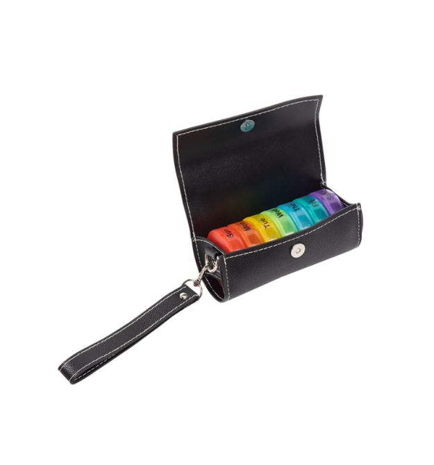 Таблетниця переносна на 7 - 14 знімних осередків (різних кольорів), круглі розділені день тижня - час доби, пластик - PV-шкіра,