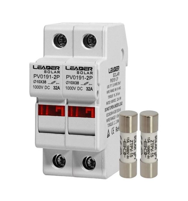 Комплект роз'єднувача та запобіжника 1000V Leader 32A PV0191-2P та 2 шт. 15A BX0234 для сонячних панелей