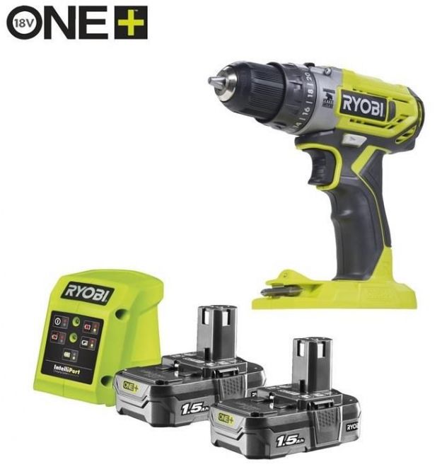 Ryobi Шуруповерт-дрель ударный аккумуляторный ONE+ R18PD2-215G 18В 2х1.5А·ч ЗУ 40Нм 400·1350об·мин 1кг