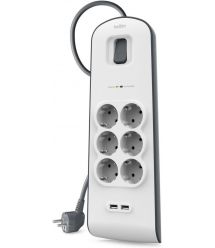 Belkin Удлинитель-фильтр сетевой 6хТип F, 3x1.5мм кв, 16А, 2xUSB-A 2.4A, защитой от перенапряжения, 2м, белый
