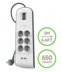Belkin Удлинитель-фильтр сетевой 6хТип F, 3x1.5мм кв, 16А, 2xUSB-A 2.4A, защитой от перенапряжения, 2м, белый