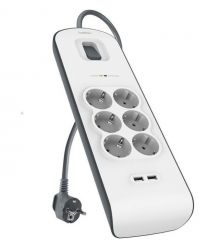 Belkin Удлинитель-фильтр сетевой 6хТип F, 3x1.5мм кв, 16А, 2xUSB-A 2.4A, защитой от перенапряжения, 2м, белый