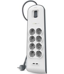 Belkin Удлинитель-фильтр сетевой 8хТип F, 3x1.5мм кв, 16А, 2xUSB-A 2.4A, защитой от перенапряжения, 2м, белый
