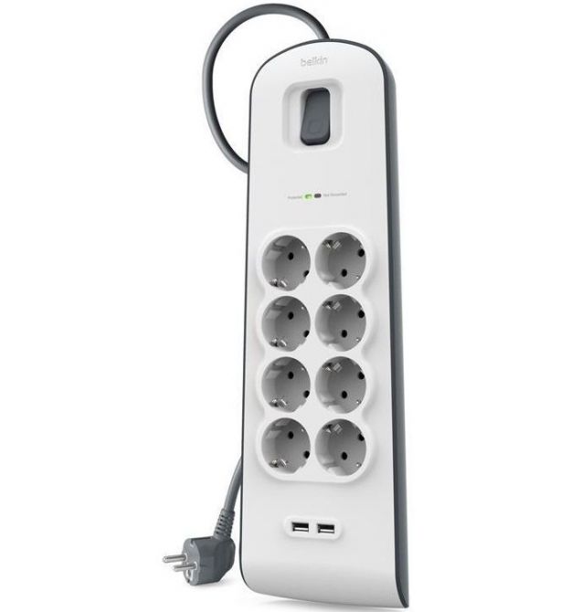 Belkin Удлинитель-фильтр сетевой 8хТип F, 3x1.5мм кв, 16А, 2xUSB-A 2.4A, защитой от перенапряжения, 2м, белый