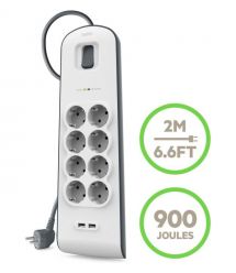 Belkin Удлинитель-фильтр сетевой 8хТип F, 3x1.5мм кв, 16А, 2xUSB-A 2.4A, защитой от перенапряжения, 2м, белый