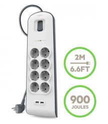 Belkin Удлинитель-фильтр сетевой 8хТип F, 3x1.5мм кв, 16А, 2xUSB-A 2.4A, защитой от перенапряжения, 2м, белый