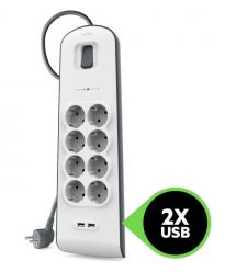 Belkin Удлинитель-фильтр сетевой 8хТип F, 3x1.5мм кв, 16А, 2xUSB-A 2.4A, защитой от перенапряжения, 2м, белый