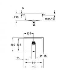 Grohe Мойка кухонная K700U кварц. композит, прямоуг., без крыла, 610х460х210мм, чаша - 1, врезная, черный гранит