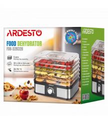 ARDESTO Сушка для продуктов 550Вт, поддонов - 5x3см, макс - 70°С, рег.темп, пластик, черный+нерж.