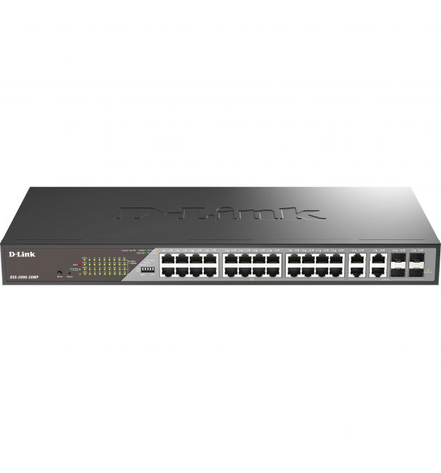 D-Link Коммутатор DSS-200G-28MPP 24xGE PoE, 4xSFP/GE, 518Вт, Неуправляемый