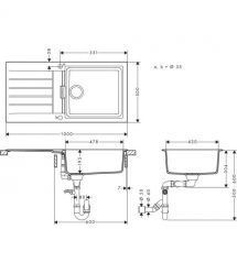Grohe Мойка кухонная K400, гранит, прямоуголь., с крылом, 860x500x205мм, чаша - 1, врезная, черный гранит