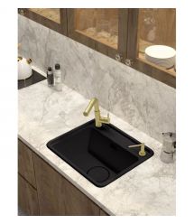 Deante Мойка кухонная Momi, гранит, квадрат, без крыла, 500х440х230мм, чаша - 1, врезная, черный матовый + кухонная доска