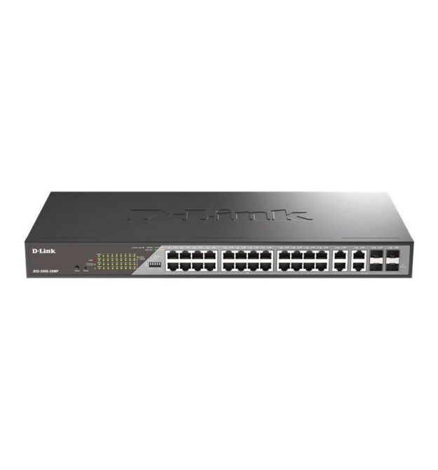 D-Link Коммутатор DSS-200G-28MP 24xGE PoE, 4xSFP/GE, 370W, Неуправляемый