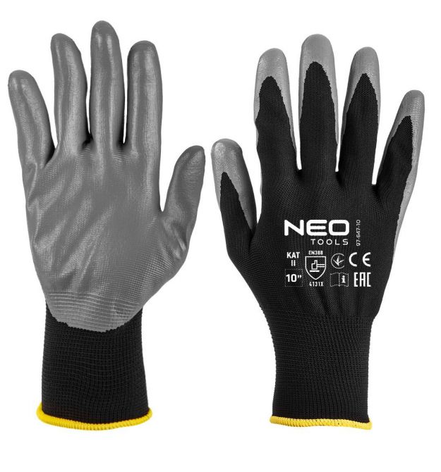 Neo Tools Перчатки рабочие комплект 12шт, полиэстер с нитриловым покрытием, р.10, серо-черный