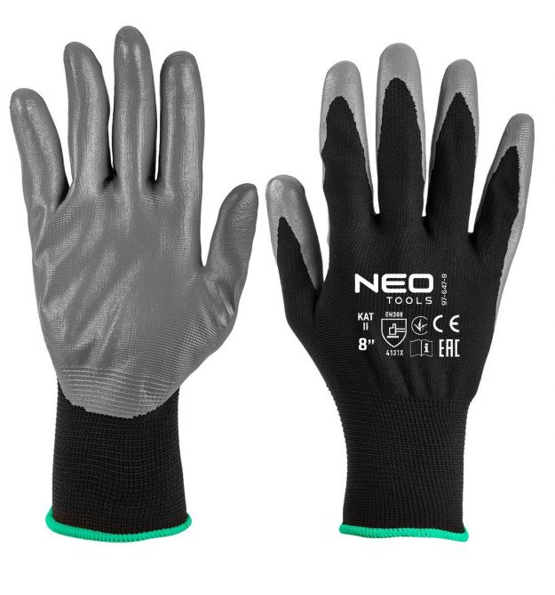 Neo Tools Перчатки рабочие комплект 12шт, полиэстер с нитриловым покрытием, р.8, серо-черный
