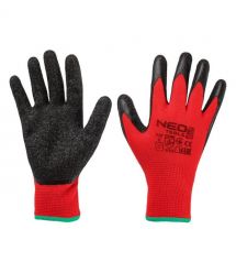 Neo Tools Перчатки рабочие комплект 12шт, полиэстер с латексным покрытием, р.8, красно-черный
