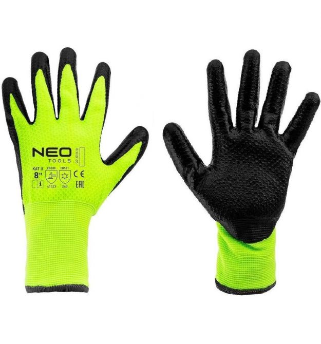 Neo Tools Перчатки рабочие, утепленные, латексное покрытие, полиэстер, р.8, зелено-черные