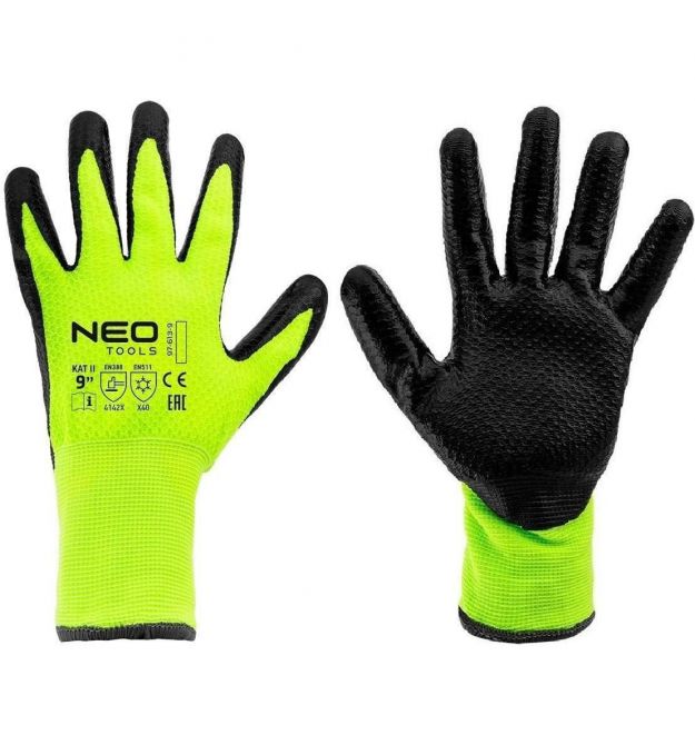 Neo Tools Перчатки рабочие, утепленные, латексное покрытие, полиэстер, р.9, зелено-черные