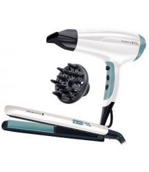 Remington Фен + выпрямитель набор Shine Therapy, 2300Вт, режимов-3, дифузор,щипцы для волос(150-230°С,керамика), бело-голубой